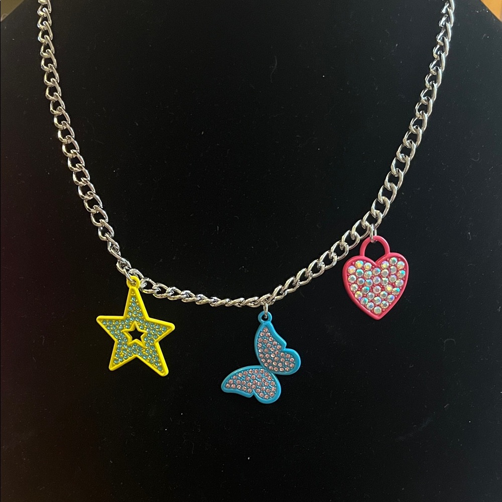 Paparazzi Silver Necklace with Yellow, Blue, and Pink Charms